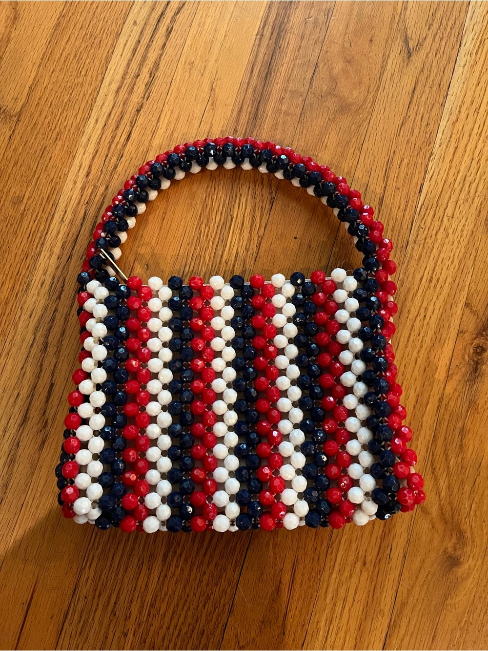 Vintage 50s/60s Red, White & Navy Beaded Top-Handle handbag made in Hong Kong